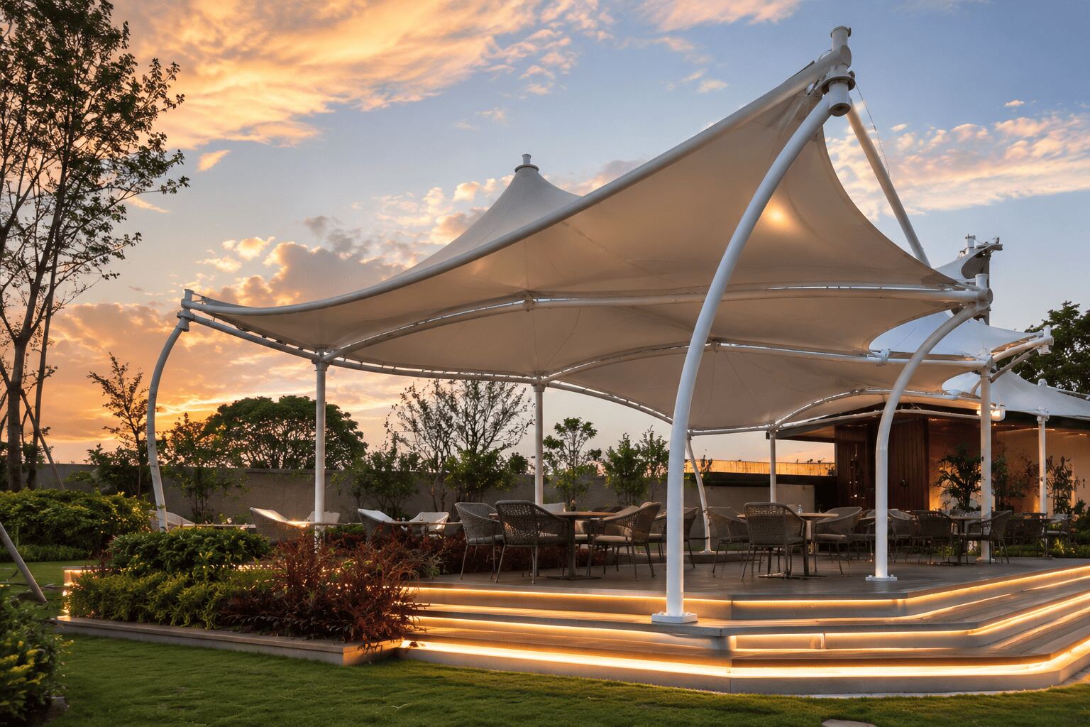 Elegant tensile structure providing shaded outdoor seating