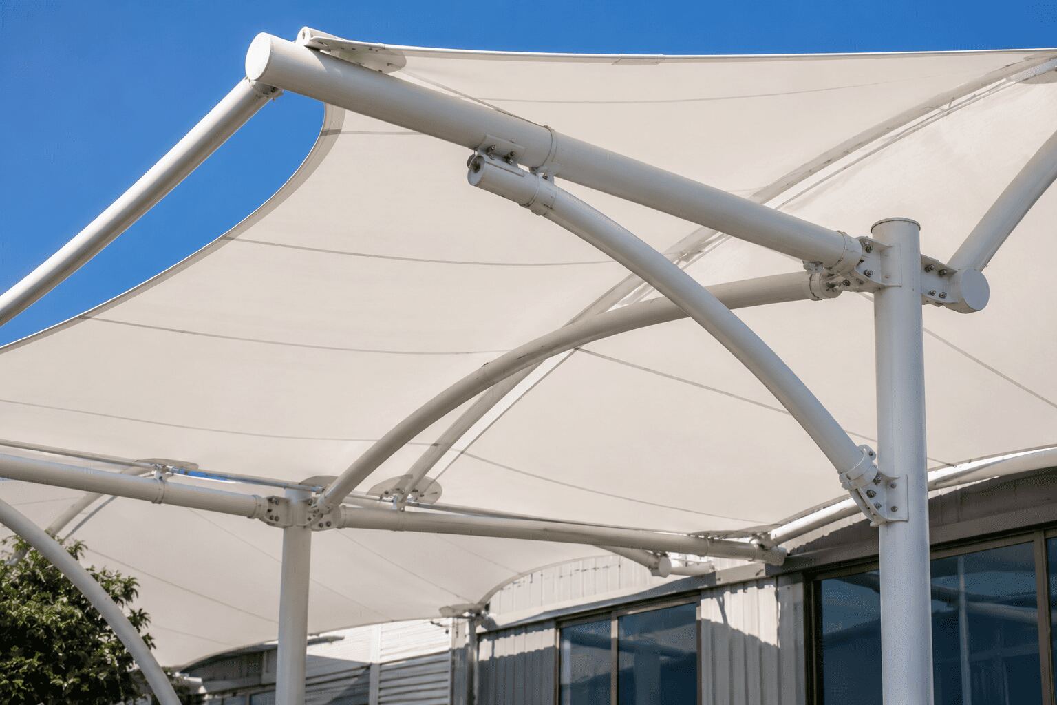 Quality tensile fabric and steel framework detail