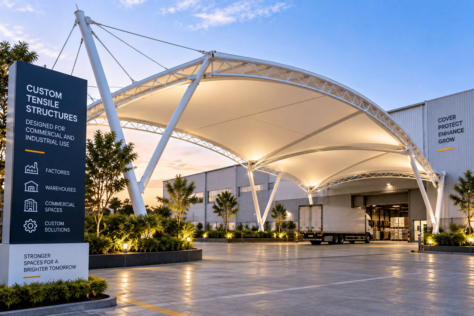 Custom tensile structure designed for commercial and industrial use